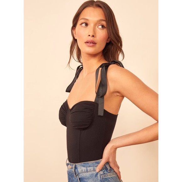 Reformation Tops - Reformation Marsala Tie Strap Black Bodysuit